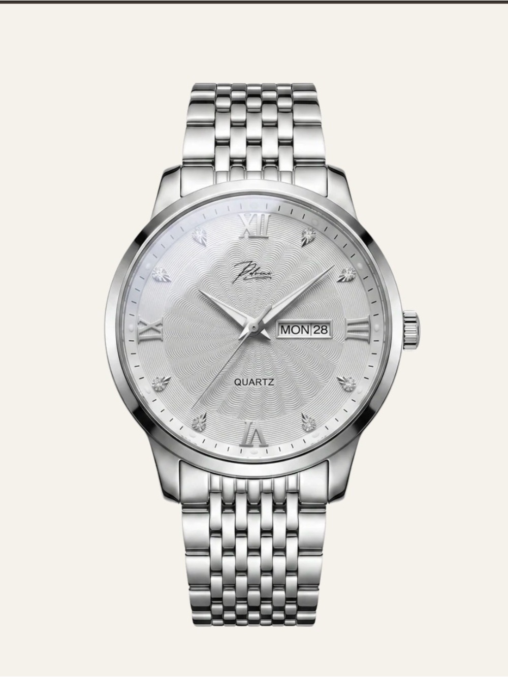 Men's Silver Quartz Watch with Day-Date Display